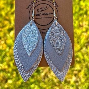 Beautiful Triple Layers, Silvers & Sparkly Silver Dangle Faux Leather Earrings